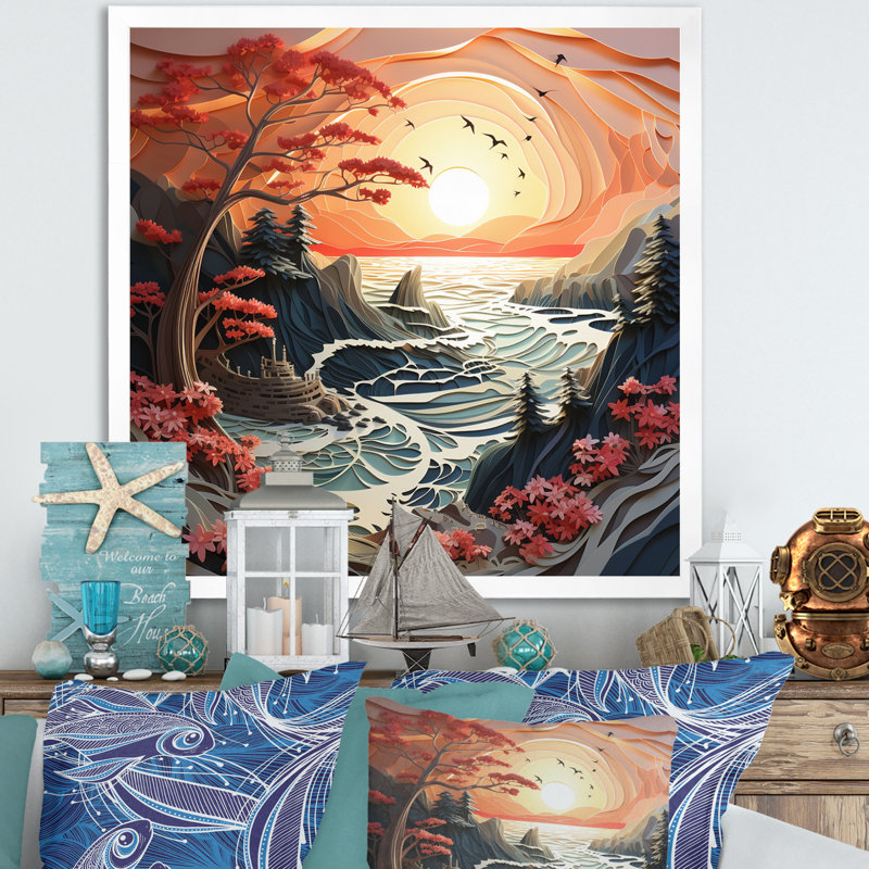 Coastal Tranquillity Papercut I - Nautical & Beach Canvas Prints, H 36 po x l 36 po x P 1,5 po, Cadre photo blanc