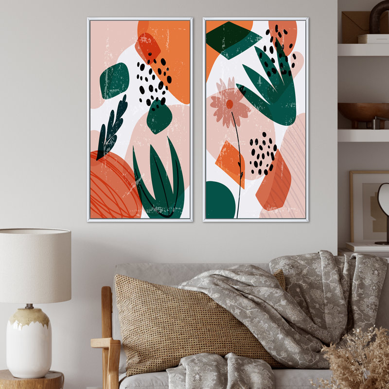 Formes abstraites minimales en couleurs rétro - ensemble de 2 impressions, H 40 po x l 40 po x P 1,5 po, Cadre blanc