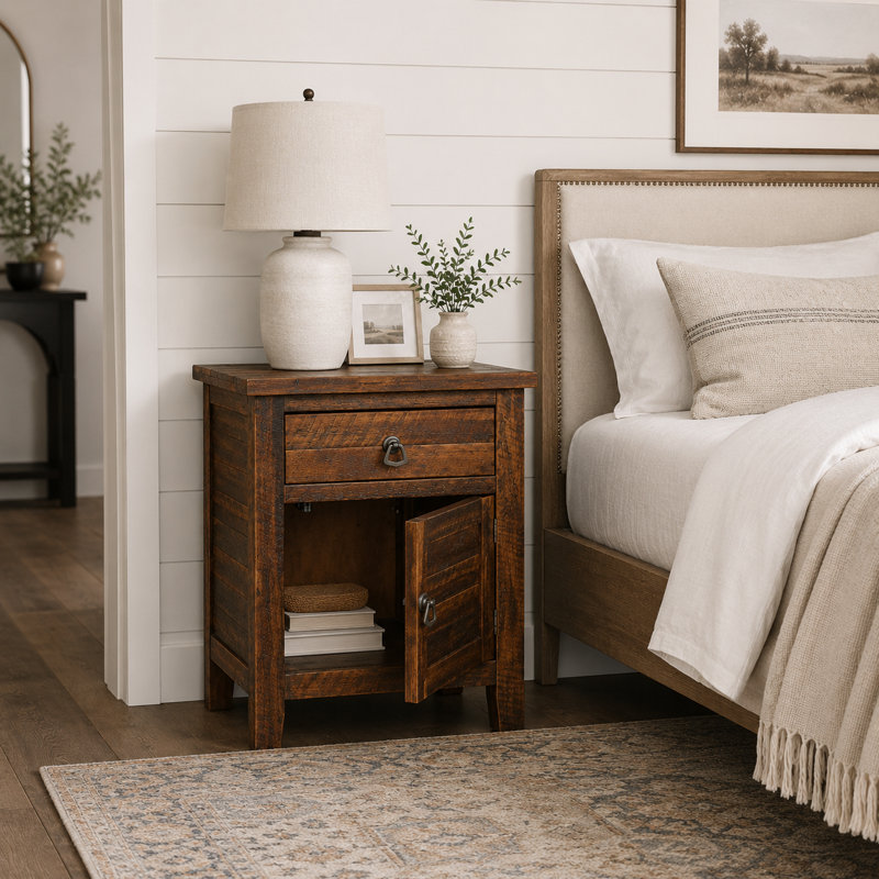 Montanca Acacia Solid Wood Rustic Nightstand with Drawer & Storage Cabinet, Brown