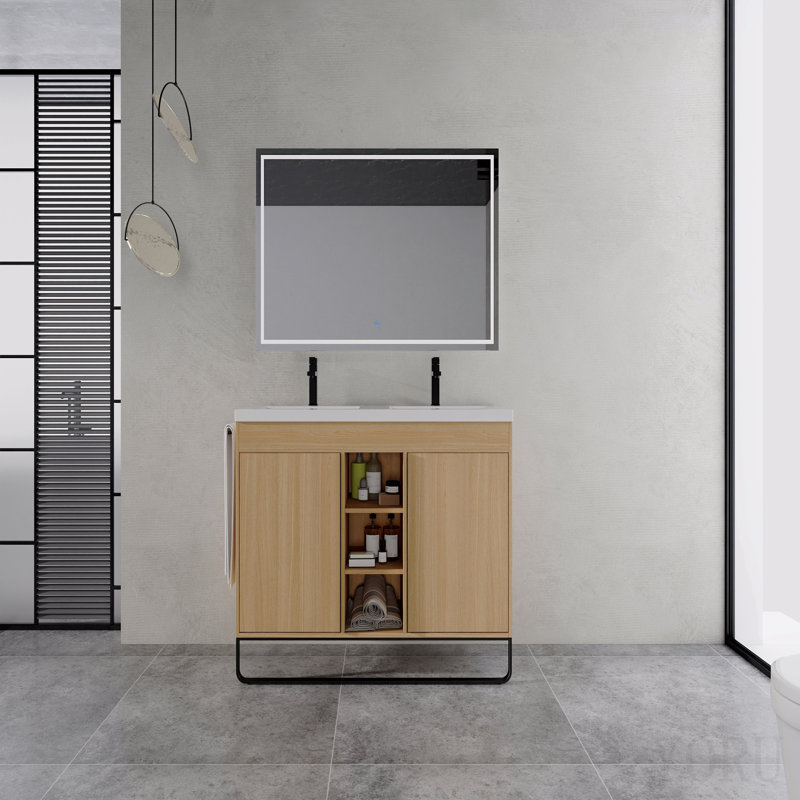Meuble-lavabo autoportant de 122 cm (48 po) avec lavabo double en résine, 2 portes à fermeture amortie et 3 étagères de rangement ouvertes, emballage démonté, contreplaqué