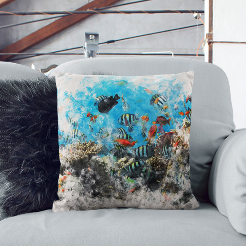 Coral Reef And Fish Vol.2 Watercolour Square Throw Cushion, 55cm H x 55cm W x 20cm D