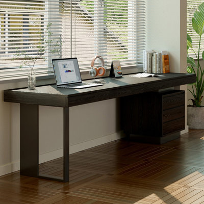 Bureau rectangulaire rétro en bois massif noir avec 7 tiroirs