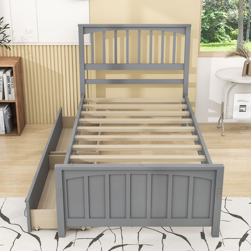 Lit plateforme simple en bois 2 tiroirs avec tête de lit, Gris