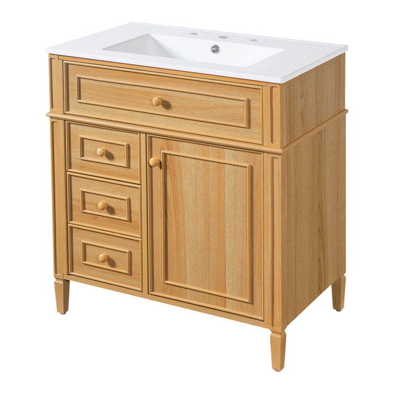 Meuble-lavabo de 30 po en grain de bois naturel avec lavabo en céramique, structure en bois massif, 1 tiroir escamotable, 1 support de porte et 2 tiroirs à fermeture en douceur (bois / bois clair)