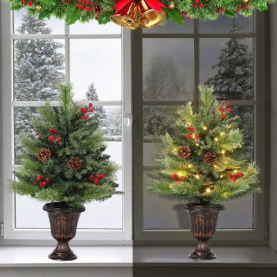 Set of 2, 24 Inch Tabletop Artificial Christmas Trees, Pre-Lit Green Mini Xmas Trees with Pine Cones & Red Berries, Holiday Decor for Desks, Mantels and Windowsills