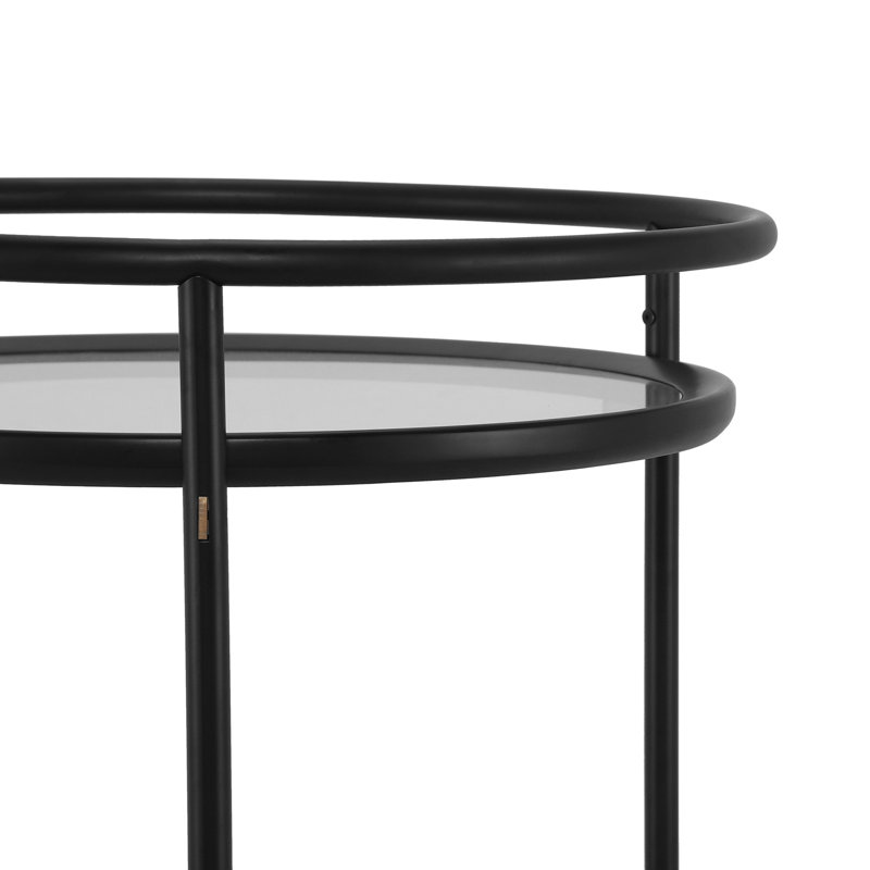 Chariot-bar rond moderne avec tablettes en verre trempé et accents dorés, Noir, or