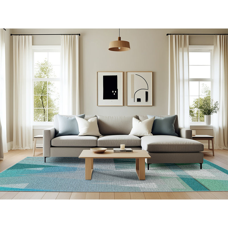 Tapis vert/blanc bleu turquoise à motifs Jeffcoat, Rectangle 6 pi x 9 pi