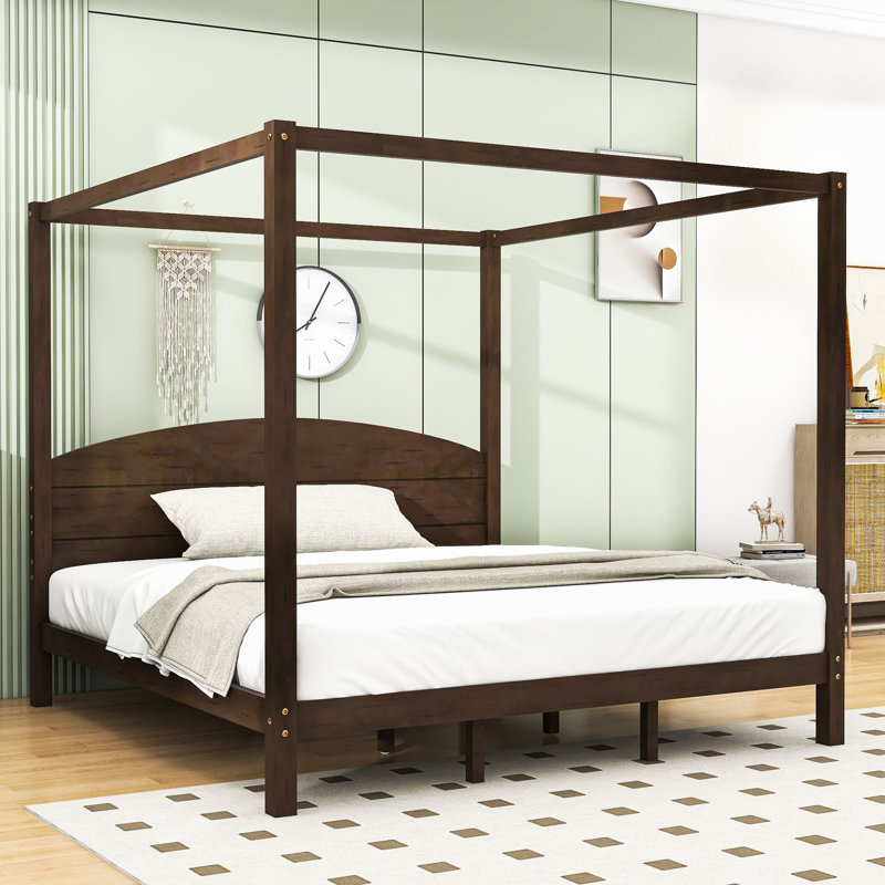 Braderick King Wooden Canopy Platform Bed with Headboard, Brown Wash