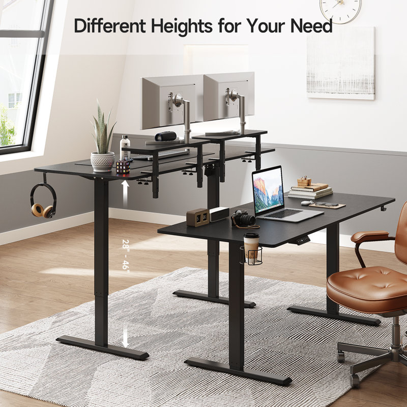 Height Adjustable Standing Desk With Monitor Stand and 2 Adjustable Monitor Shelves, Black, 46" H x 63" W x 24" D