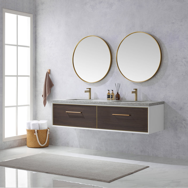 Ensemble de meuble-lavabo double 72 "avec miroir, Noyer foncé, Or mat