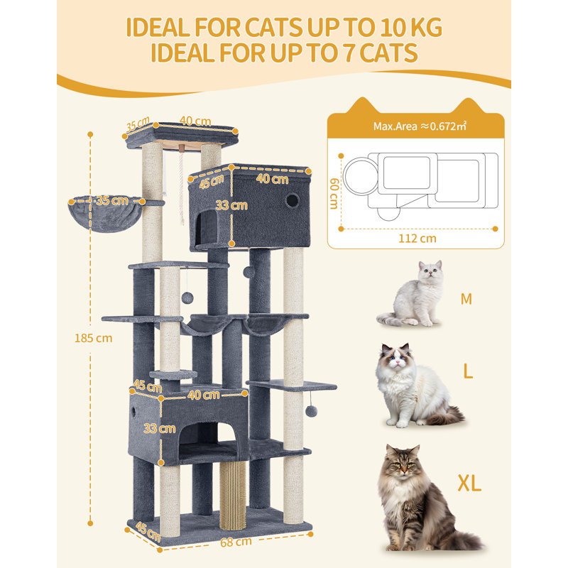 185 cm Large Cat Tree, XL Heavy Tall Cat Tower for Maine Coon, Multi-level Cats Climbing Tower with 2 Condos and 10 Sisal, 2 Hammocks