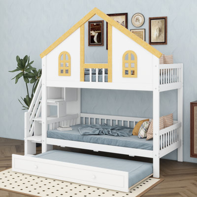 Lit superposé House avec lit gigogne, structure en bois massif avec escalier de rangement, toit et fenêtres pour enfants, garçons et filles