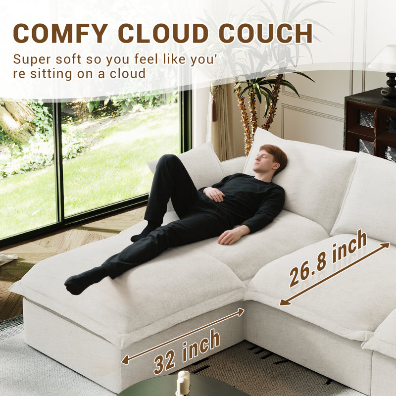Linen Blend Cloud Modular Ottoman, Convertible Upholstered Cloud Ottoman Comfy Deep Seat For Living Room, Down Filled Ottoman, Removable Washable Ottoman Covers