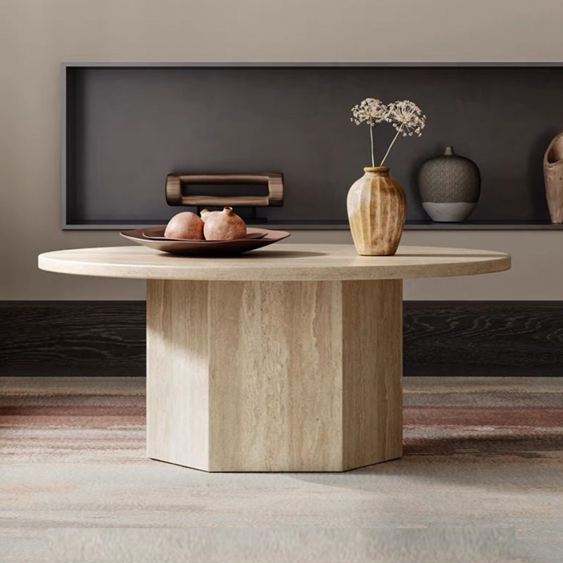 Round Coffee Table For Living Room - Modern Minimalist Luxury Style With Stone-like Texture & Hexagonal Base, 35.43” Diameter 14.17” Height