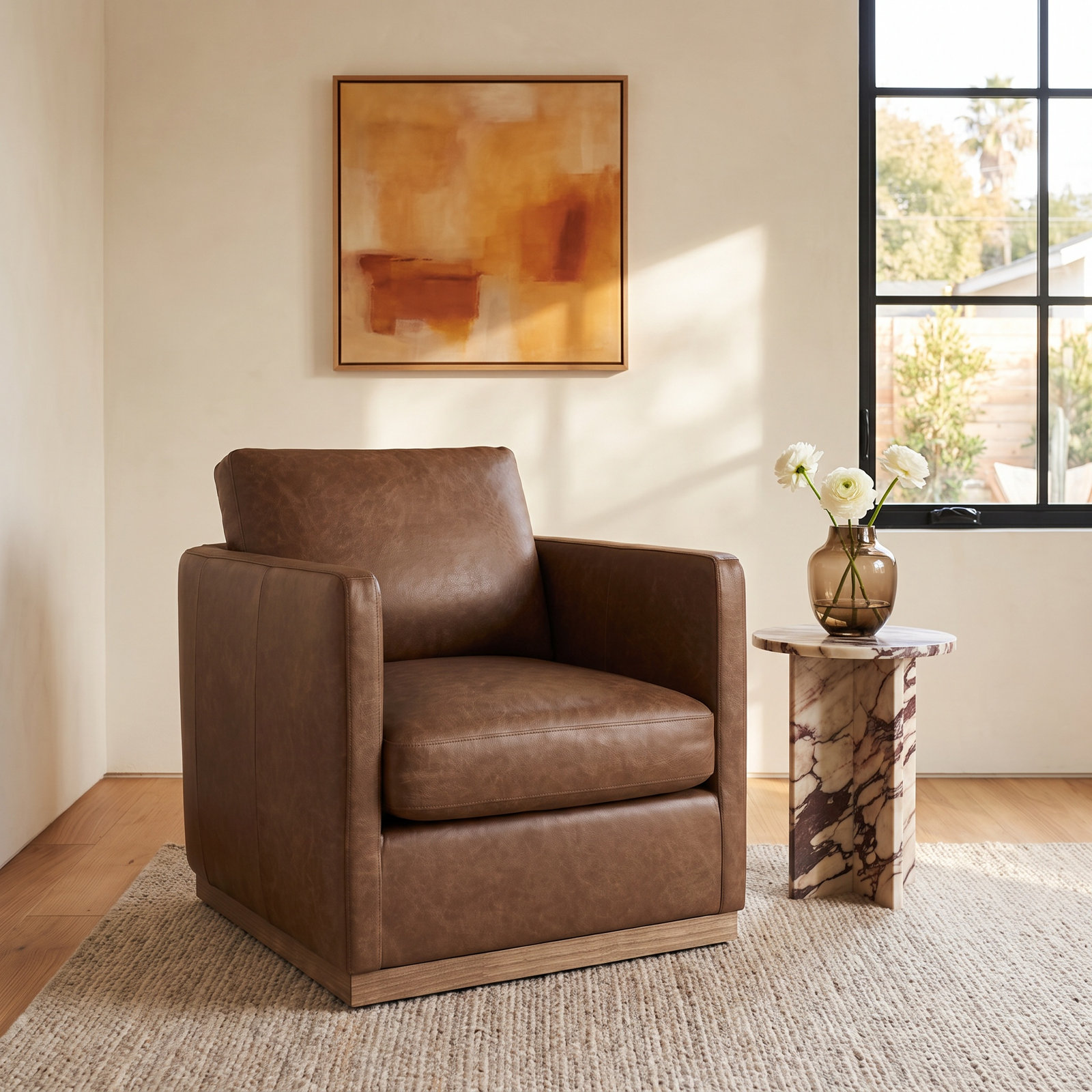 Bobbi Genuine Leather Swivel Barrel Chair, Marseille Saddle Top Grain Leather