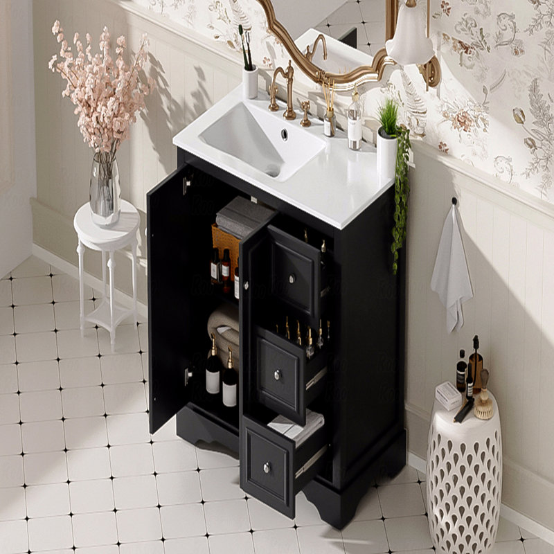 Meuble-lavabo de salle de bain avec lavabo en céramique - comprend 2 portes à fermeture en douceur, une tablette réglable en forme de U et 3 tiroirs