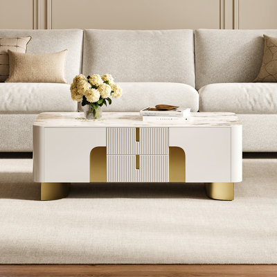 Artis Modern Beige Rectangle Large Coffee Table with Storage and Sintered Stone Top