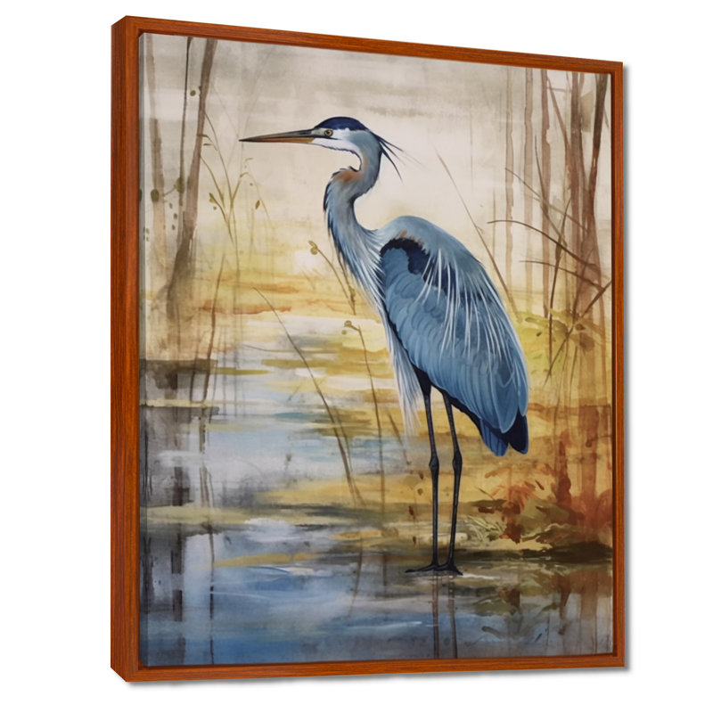 «Blue Heron» par Watersite Watercolor - oiseau, art mural, Cadre flottant brun, 20" H x 12" W