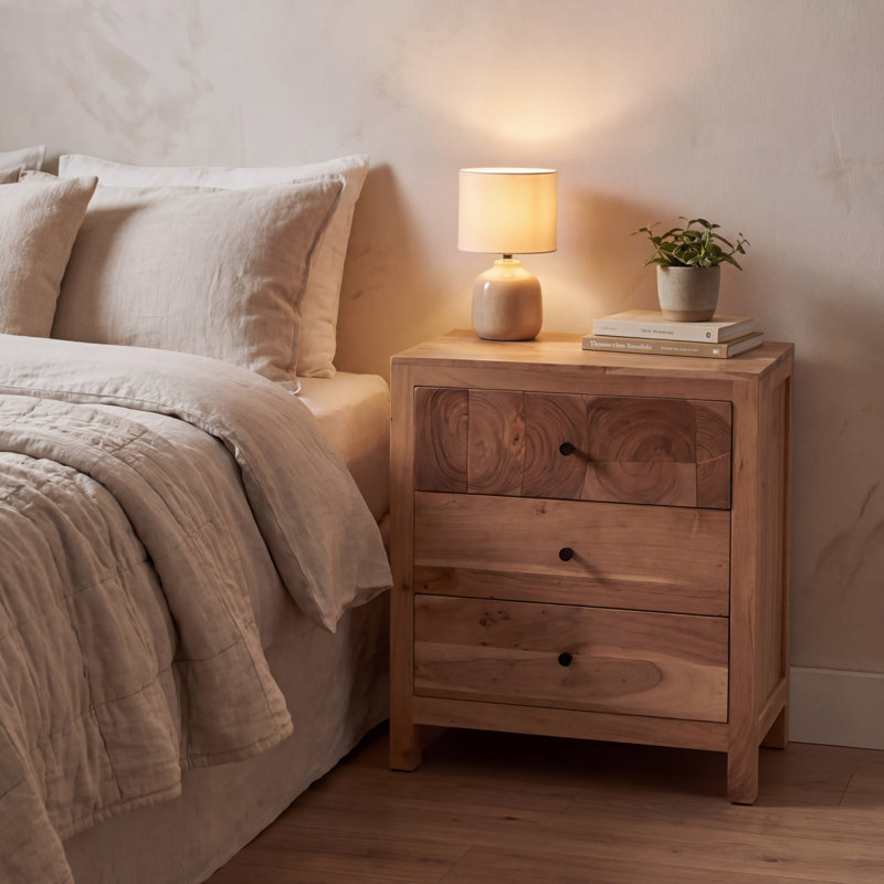 Solid Acacia Wood Tree Trunk 3-Drawer Nightstand