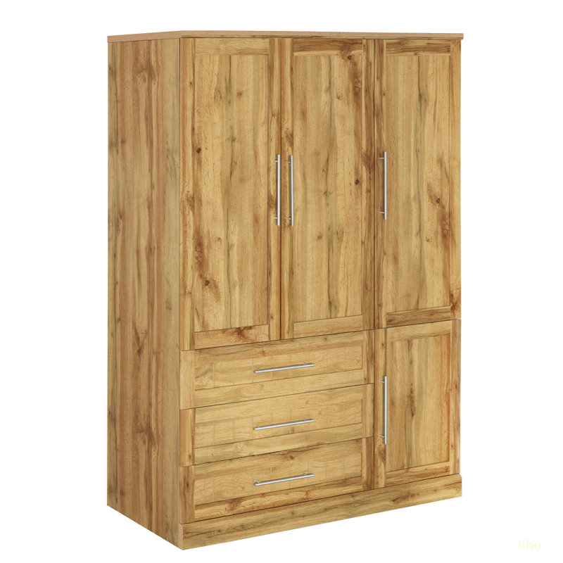 Armoire penderie 4 portes avec 3 tiroirs, Naturel