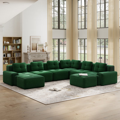 151" Modular Sectional Sofa Corduroy, V-Shaped 6-Seater Corner Couch with Two Ottomans, for living room and home theater，Green