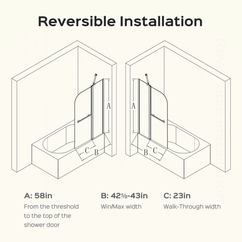 43 In. W * 58 In. H Frameless Folding Shower Doors For Bathtub, 1/4" (6Mm) Thick SGCC Tempered Glass Door, Bathroom Pivot Tub Glass Door