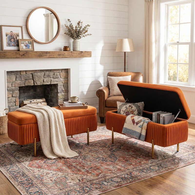 Banc de rangement en velours Leaysia, Orange