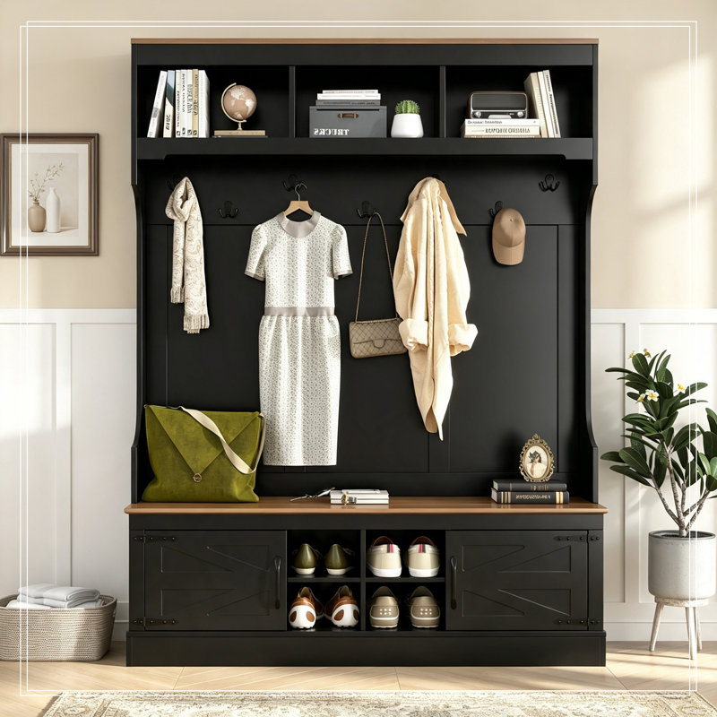 Canapé avec banc, rangement pour chaussures, 2 armoires et casiers, Noir