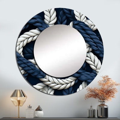Sharesa Coastal Rope Motifs White And Blue - Coastal Decorative Wall Mirror, Blue Round Mirror, Printed Metal Art