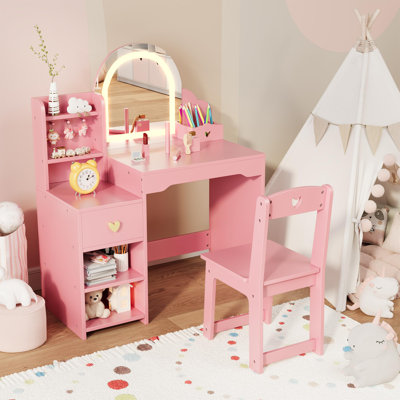 Ensemble de coiffeuse avec miroir lumineux DEL, table de maquillage pour fille avec meuble de rangement latéral, tiroir et chaise assortie pour chambre ou salle de jeux pour enfants