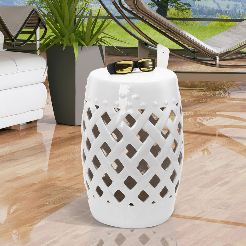Outsunny 13" x 18" Ceramic Garden Stool with Woven Lattice Design & Glazed Strong Materials Decorative End Table, White
