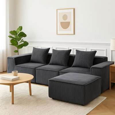 Canapé modulaire modulaire, canapé compressé en mousse de velours côtelé gris foncé avec repose-pieds assorti, forme en L réversible, deux tailles: 80,3 po x 70,5 po x 24,8 po ou 111,4 po x 70,9 po x 24,8 po. 33005-4
