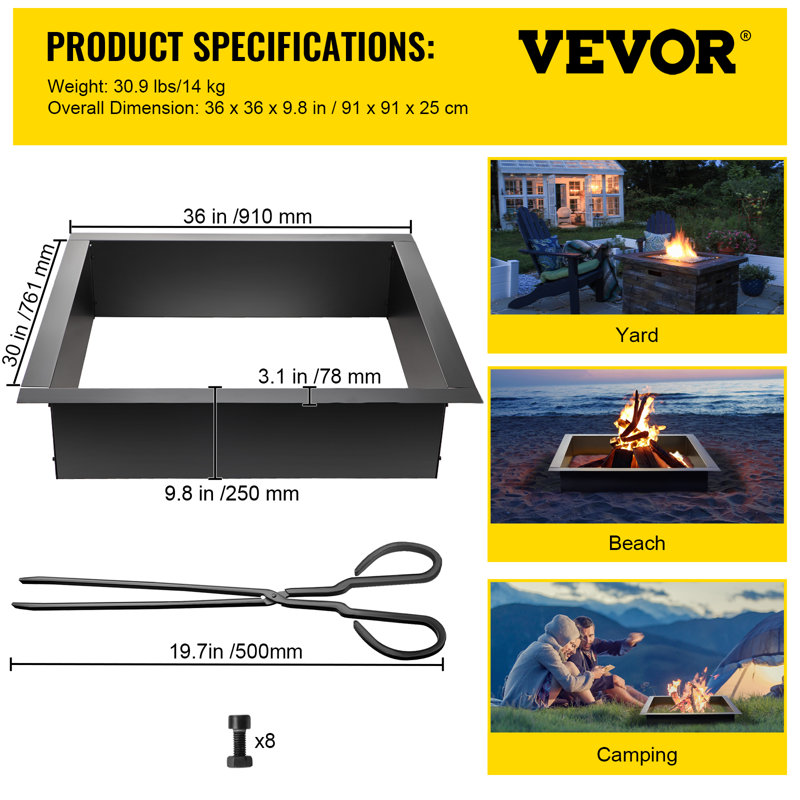 Black Steel Free-Standing Fire Pit Ring with Tongs