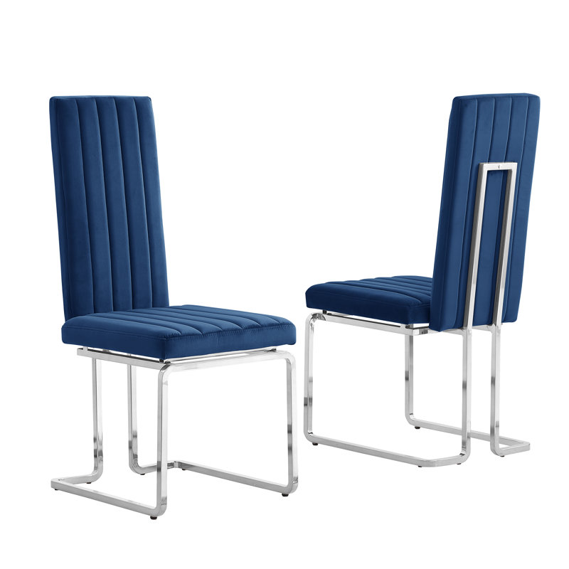 19'' H Velvet Upholstered Side Chair, Silver, Navy Blue