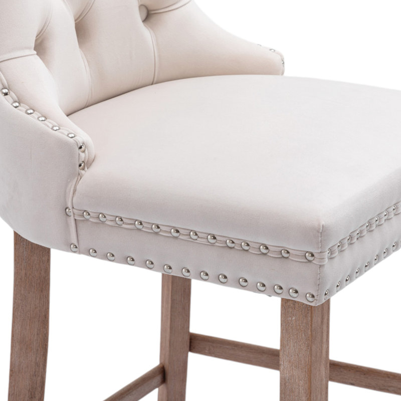 Beige Velvet Upholstered Bar Stools with Natural Wood Legs, Set of 2