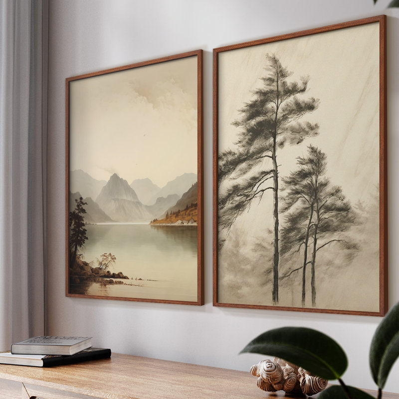 «Vintage Landscape», ensemble de 2 estampes numériques encadrées, H 23 po x l 58 po, Noyer