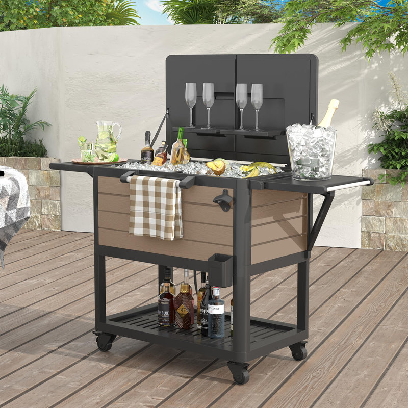 Decksplore 104 Qt Rolling Patio Cooler Cart With Wheels, Outdoor Beverage Bar Ice Chest With Drain, Bottle Opener & Side Shelves