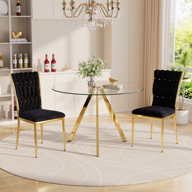 Ensemble de table de salle à manger en verre avec chaises rembourrées en velours, 3, Noir et or, Doré
