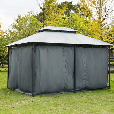 Spacious Gazebo For Garden - Canopy With Curtains, Vented Roof, Steel Setup Sage Gray Framework