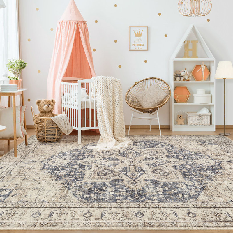 Adona Washable Non-Slip Oriental Floral Area Rug, Rectangle 9' x 12', Beige
