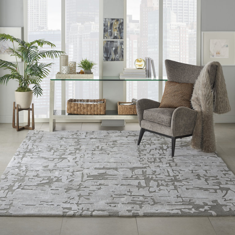 Tapis gris abstrait en polyester touffeté à la main, Rectangle 8 pi 6 po x 11 pi 6 po