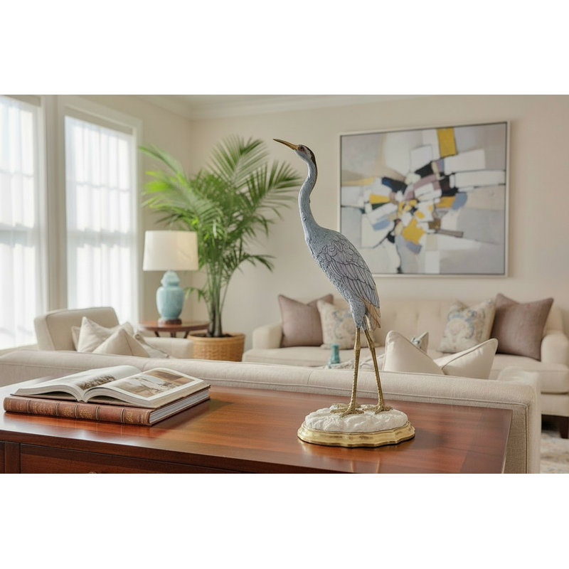 Luxury Porcelain Heron Sculpture with Bronze Rim Base