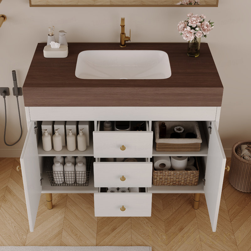 Meuble-lavabo autoportant moderne avec lavabo en céramique et grand rangement, Dark Brown