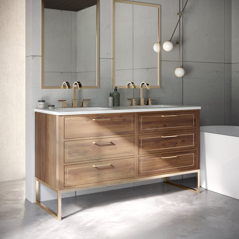 Markham 60 in. Double Vanity, White Quartz, Walnut, Satin Brass