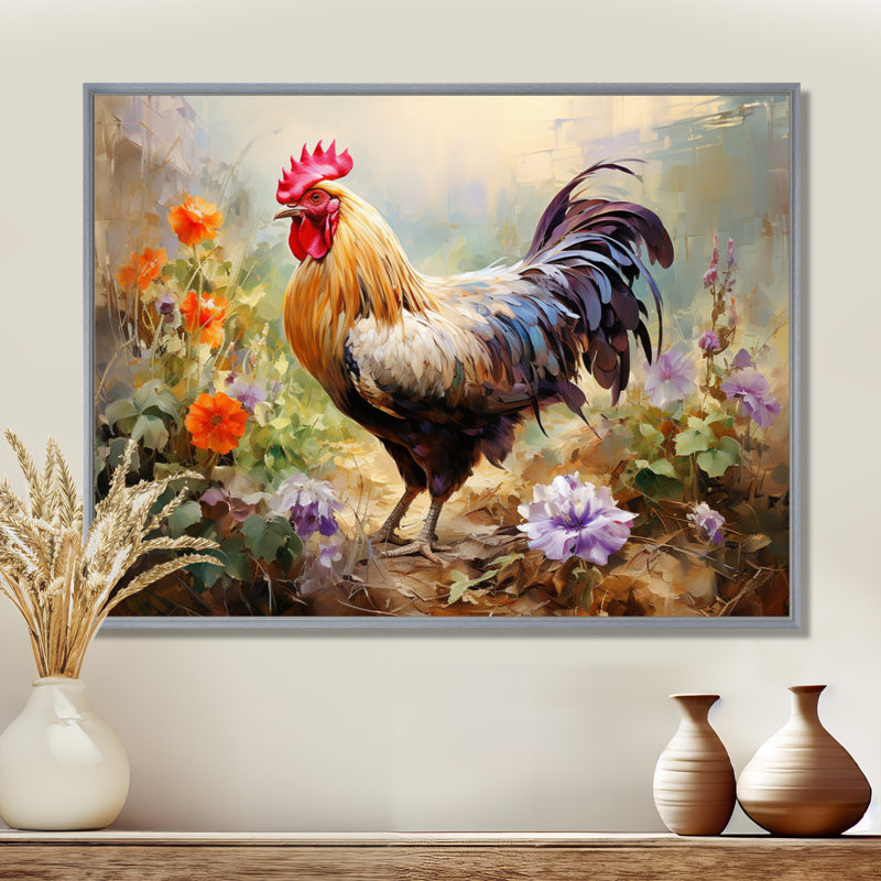 Red Melody Rooster s floral jardins - Coq, art mural, H 34 po x l 44 po x P 1,5 po, Silver Floater Frame