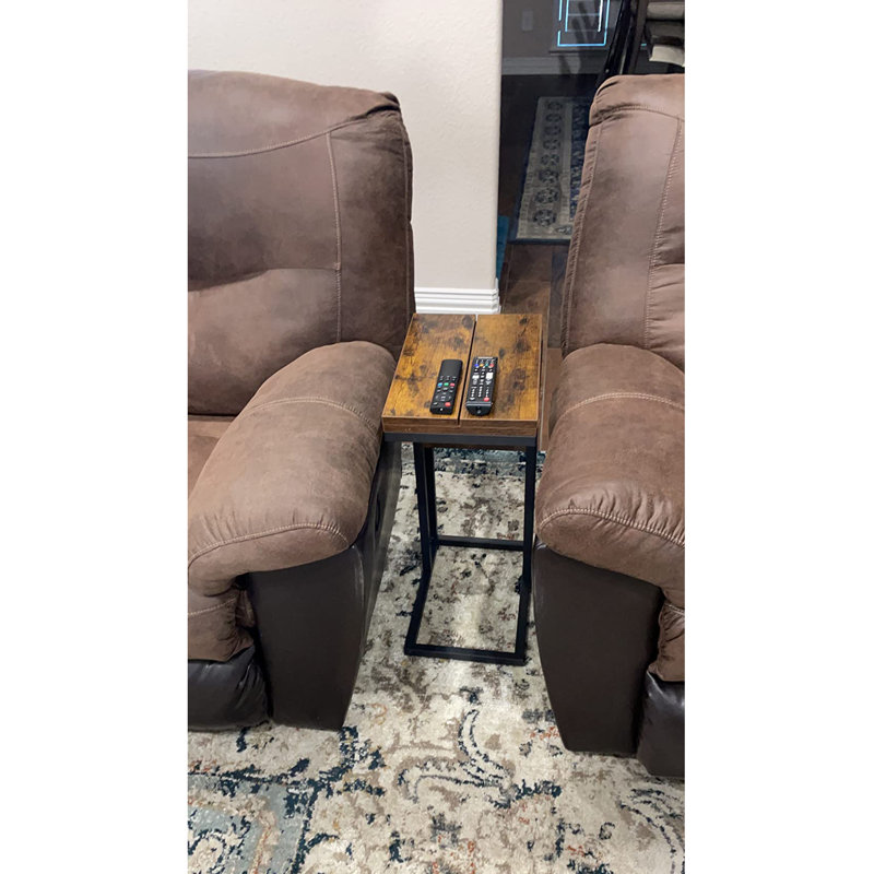 Foldable End Table C Shaped Side Table with Storage Shelf, Rustic Brown/Black