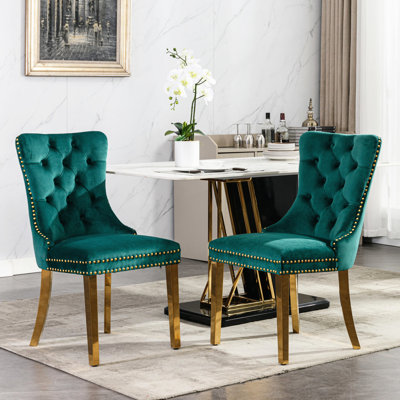Chaises de salle à manger rembourrées en velours, 2, pieds en acier inoxydable doré, garniture cloutée, look moderne, noir et doré, chaise haute avec siège 2