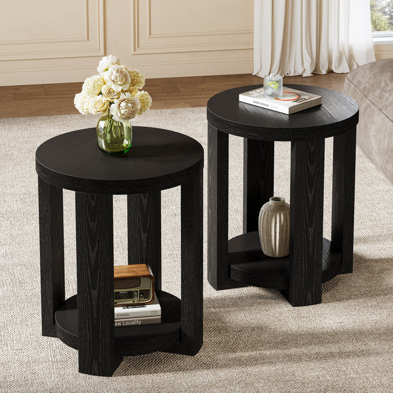 2-Tier Round Side Table, End Table For Living Room, Black