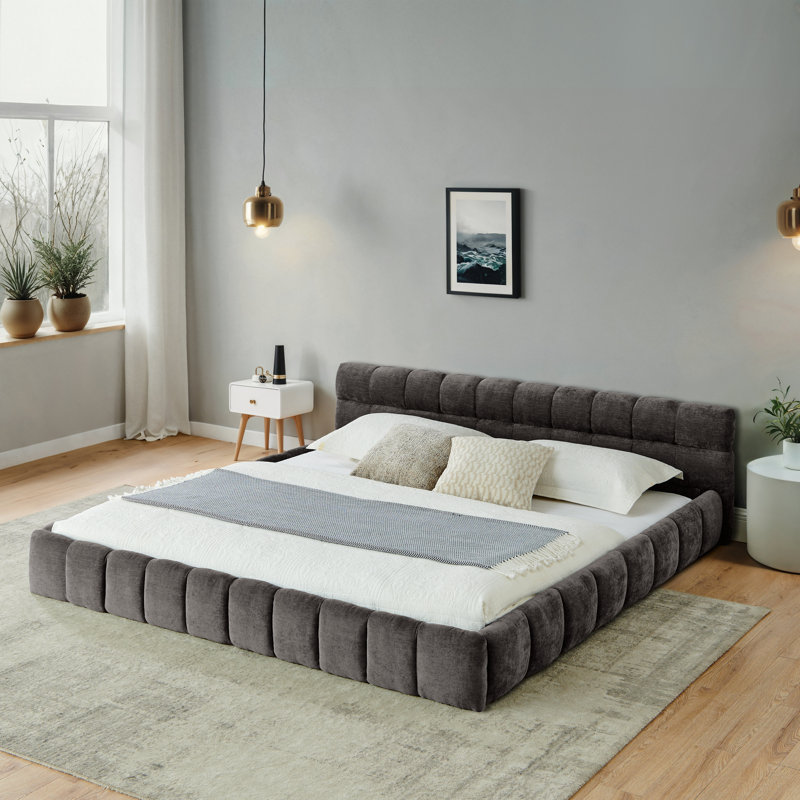  King Size Upholstered Bed Frame Modern Low Profile Channel Tufted Elegant Luxury Platform Bed Base, Pink, Gris