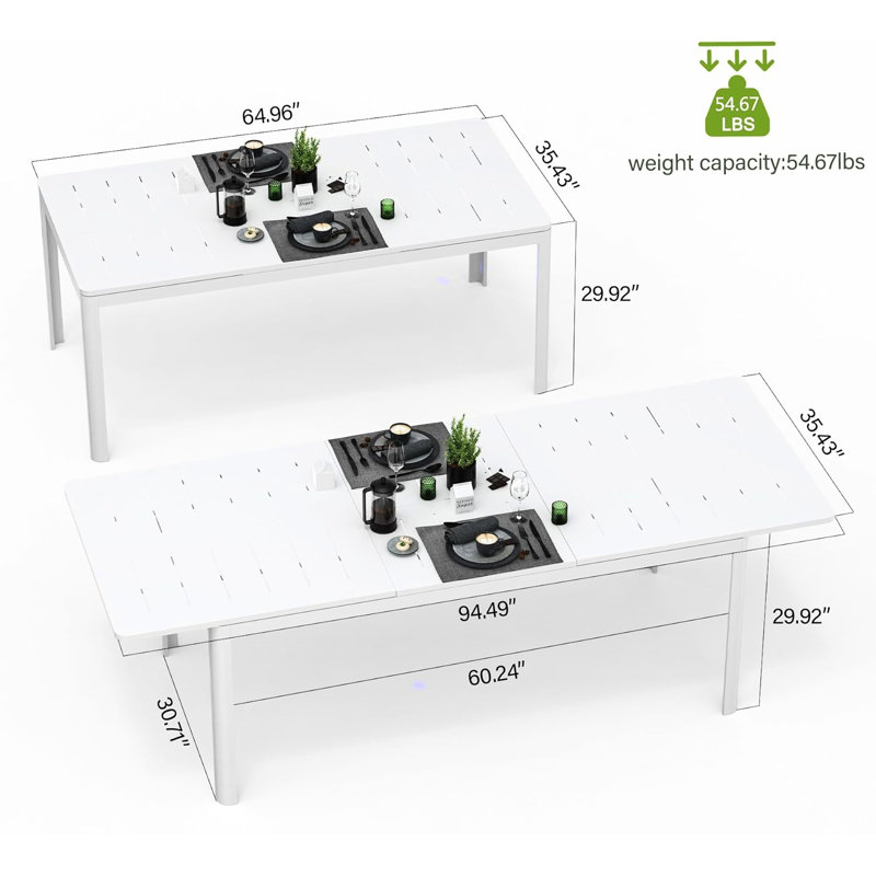 Table de patio en métal et aluminium blanche, extensible pour 6 à 8 personnes, et facile à assembler pour nettoyer rapidement et efficacement les personnes rectangulaires